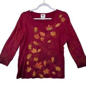 Studio‎ Collection Womens Burgundy Fall Leaf Rhinestone Cotton Top Large L